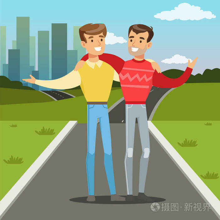 两个最好的男性朋友走在城市街道, 年轻人拥抱, 友谊概念矢量插画