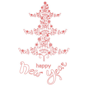 版式横幅红色风格圣诞树, 小鸟, 雪花刻字新年快乐股票矢量插画