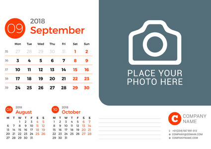 2018年9月年的台历。矢量设计打印模板与地方为相片。星期从星期一开始。在页上3月