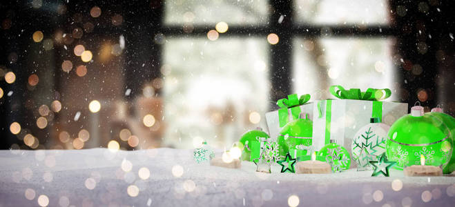 绿色和白色圣诞礼物和小在雪3d 渲染