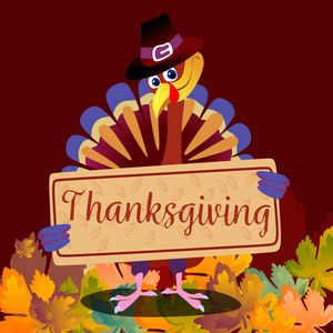 动画片感恩节火鸡字符在帽子, 秋天假日鸟向量插图快乐的问候语传单或卡片上的背景落叶