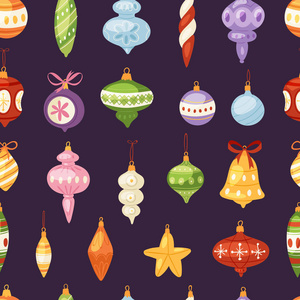 圣诞树玩具矢量装饰品球, 圆, 星, 铃为装饰新年圣诞树 brances 插图无缝模式背景