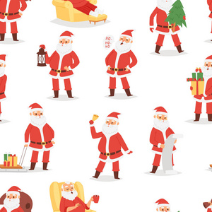 圣诞圣诞老人矢量人物构成插图圣诞节男子在红色的传统服装和圣诞老人的帽子无缝模式背景