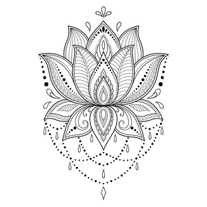 印度风格的指甲花纹身模板。 民族花白莲。 明迪风格。 东方风格的观赏图案。