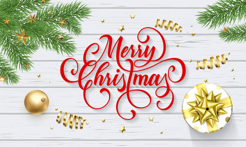 快乐圣诞贺卡的新年礼物和金色的装饰球白色木背景上。矢量设计模板和冬季圣诞书法希望文本赛季假日