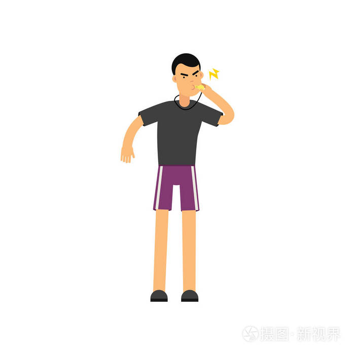 平的专业健身教练角色站立和吹在口哨