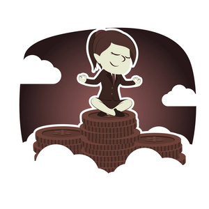 复古风格的女商人在金钱堆上冥想照片