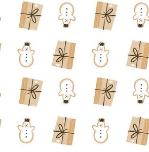 手绘矢量抽象有趣的圣诞时光卡通无缝模式与可爱的插图, 惊喜礼品盒和雪人孤立在白色背景