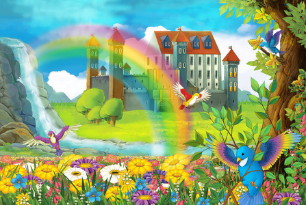 卡通场景,快乐的鸟儿飞过瀑布附近的草地,彩虹城堡在儿童的背面插图中