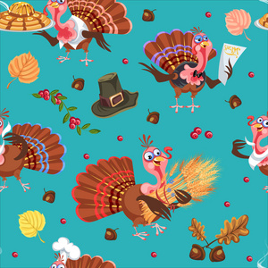 无缝图案卡通感恩节火鸡字符与收获, 叶子, 橡子, 玉米, 秋天假日鸟向量插图背景为织品纺织品或包裹