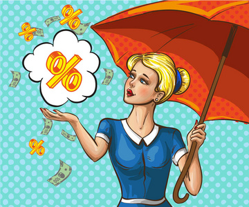 矢量流行艺术夫人带雨伞下的钱雨插画