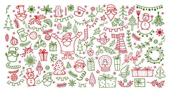 大套圣诞设计元素的涂鸦风格。冬季假期矢量插画