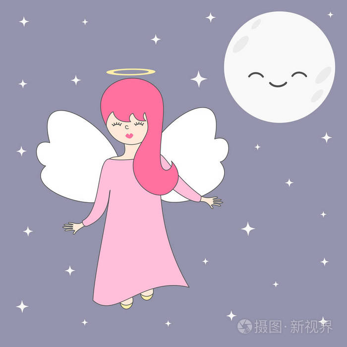 可爱可爱的卡通矢量天使在天上的月亮和星星