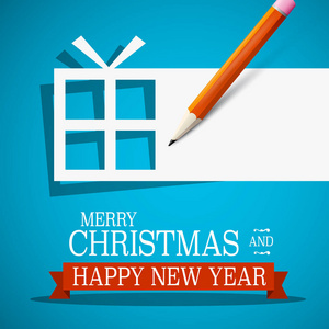 圣诞快乐, 新年愉快。圣诞贺卡. 带空白文本和蓝色背景铅笔的纸矢量礼品盒