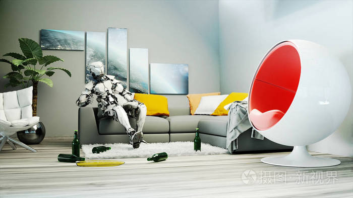 机器人坐在沙发上。放松.未来的概念。3d 渲染