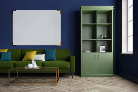 蓝色客厅, 绿色沙发, 书柜