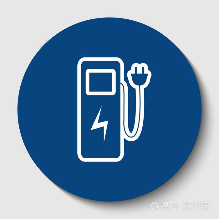 电充电站标志矢量白色轮廓图标在黑暗的蔚蓝圆圈在白色背景孤立