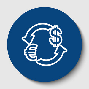 货币兑换标志。欧元和美元。矢量.白色轮廓图标在黑暗的蔚蓝圆圈在白色背景。孤立