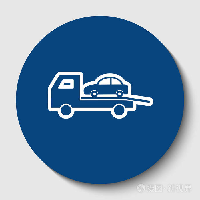 拖车车疏散标志矢量.白色轮廓图标在黑暗的蔚蓝圆圈在白色背景.孤立