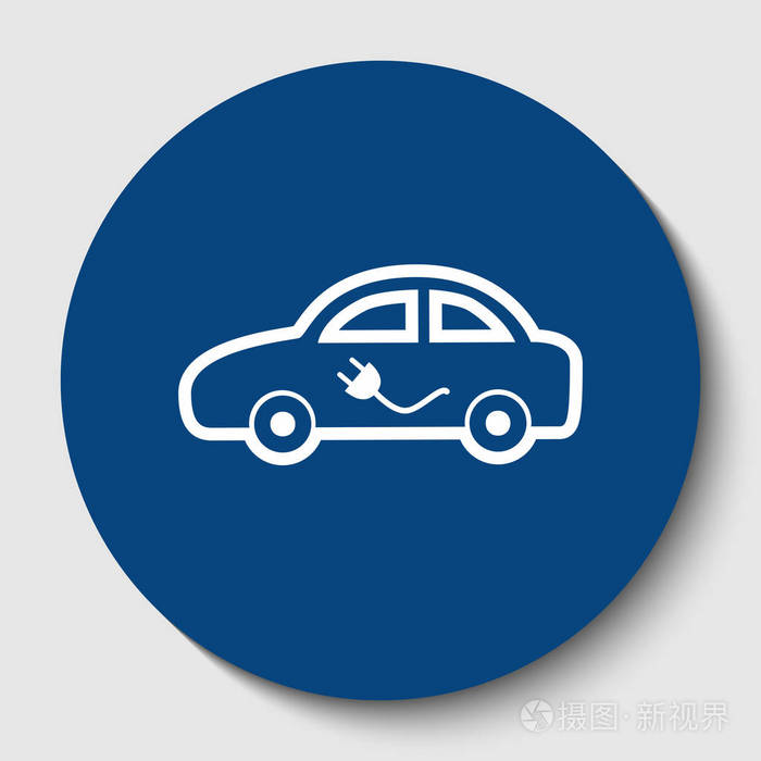 电动汽车标牌.矢量.白色轮廓图标在黑暗的蔚蓝圆圈在白色背景.孤立