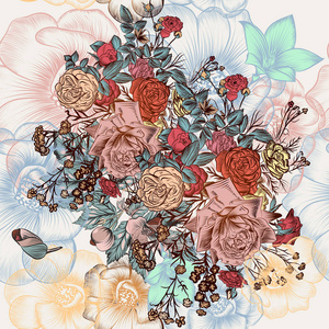 复古风格手绘花卉的矢量图案图片