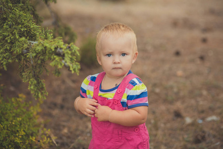 快乐可爱的小女孩与金发碧眼穿着粉红色的牛仔裤在中央公园的绿树和石头的微笑打扮