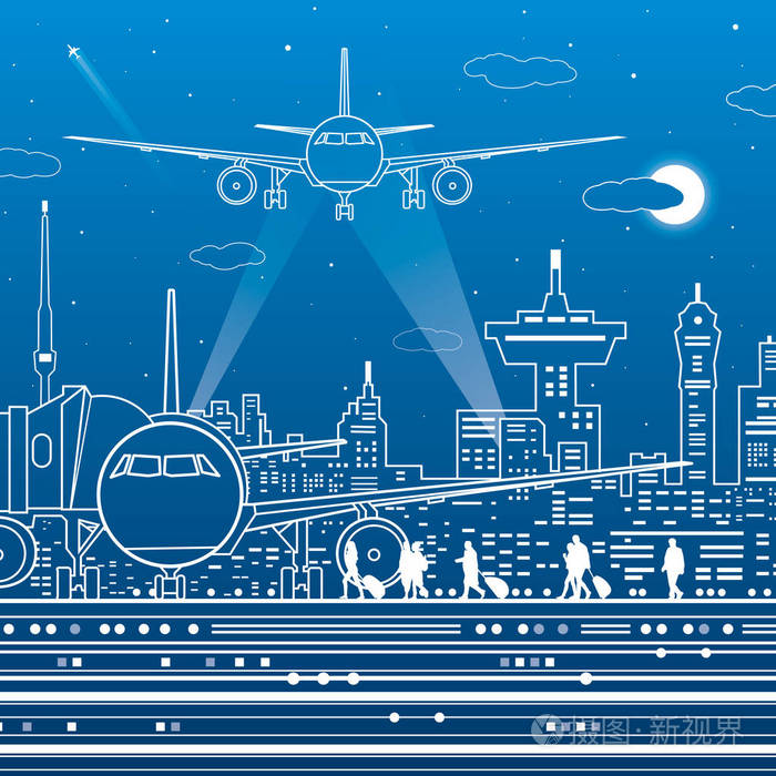 飞机飞, 人们登上飞机.夜城市在背景, 媒介设计艺术