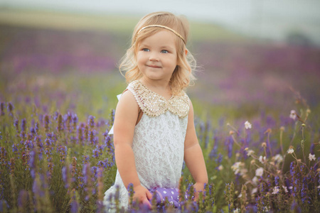 婴儿博客可爱的小宝宝博客女孩走在草地上的森林野生薰衣草穿着时髦的