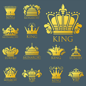 皇冠王老式溢价金徽章纹章装饰豪华 kingdomsign 矢量图