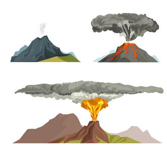 岩浆自然炸毁与烟雾喷发熔岩山矢量插图