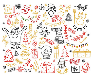 大套圣诞设计元素的涂鸦风格。冬季假期矢量插画