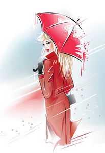 红的女士在雨中的红色雨伞下的金发碧眼的女孩.矢量插图照片