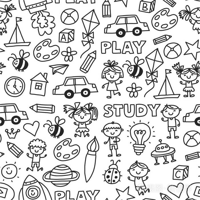 幼儿园幼儿学校教育与儿童涂鸦模式孩子们玩耍和学习男孩和女孩绘制