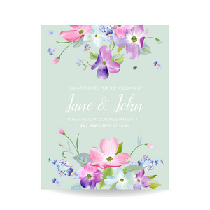 婚礼请柬模板与春天山茱萸花卉。浪漫花卉保存日期贺卡庆祝。水彩植物设计。矢量插图