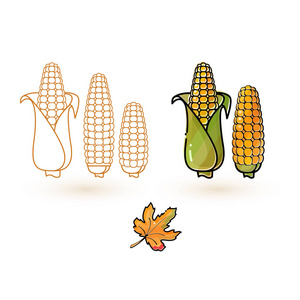 卡通玉米和树叶。线和五颜六色的玉米图标