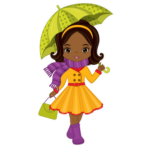矢量可爱的小非洲裔美国女孩带伞和手提包