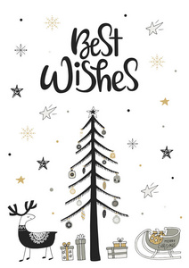 最美好的祝愿手绘圣诞卡，斯堪的纳维亚风格，单色元素和文字。 新年矢量插图。