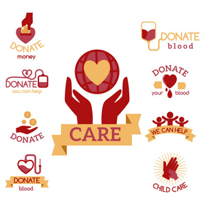志愿者红色图标慈善捐赠向量组的人道主义认识手希望援助支持符号