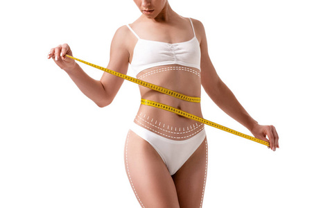 女性的身体上它隔绝白色衬底上绘制的箭头。脂肪失去，抽脂和脂肪去除概念