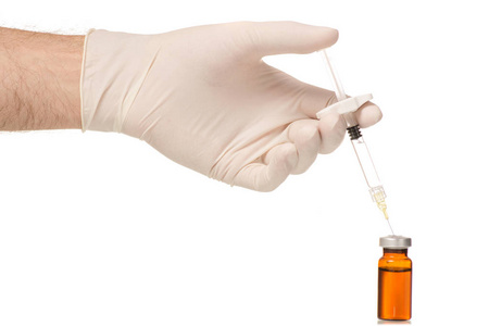 医用注射器男性手的玻璃药瓶肉毒杆菌毒素或流感