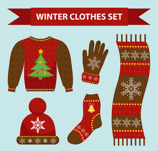 冬季温暖的衣服平面样式图标集。圣诞服装，服装集合与模式。帽子 围巾 手套 毛衣。白色背景上的孤立。矢量图