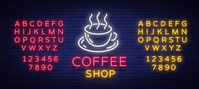 咖啡霓虹灯标志矢量插画, 霓虹灯风格的标志, 明亮的夜晚标志, 晚上的咖啡广告。编辑文本霓虹灯符号。霓虹灯字母
