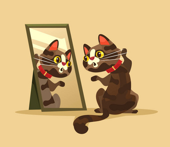 惊讶好奇的猫字符看着镜子.矢量卡通插图照片