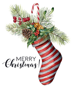 水彩圣诞贺卡与装饰。手绘圣诞条纹袜子与冷杉枝, 松树锥, 冬青, 槲寄生, 糖果, 铃铛和浆果在白色背景上隔离。假日打印