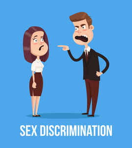 性别歧视概念.愤怒的老板男人对着女员工的办公室工作人员大吼大叫.