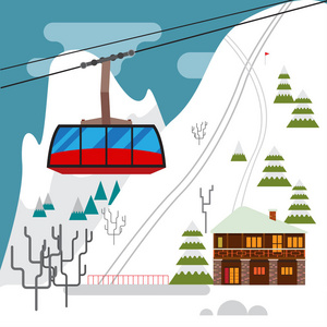 带滑雪胜地滑雪缆车和酒店的冬季景观