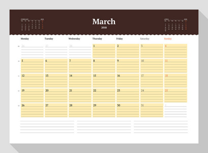 日历模板2018年3月。文具设计。星期从星期一开始。在页面上3月。矢量插图