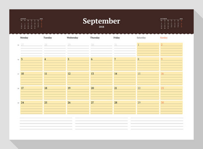 日历模板2018年9月。文具设计。星期从星期一开始。在页面上3月。矢量插图