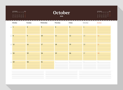 日历模板2018年10月。文具设计。星期从星期一开始。在页面上3月。矢量插图