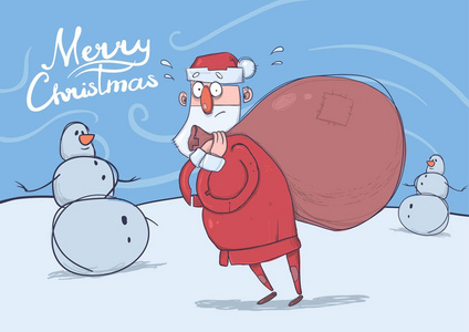 圣诞贺卡的滑稽混淆圣诞老人与大袋子站在雪人在严寒的大风天气旁边。圣诞老人看起来迷路了。水平矢量插图。卡通人物。刻字.复制空间